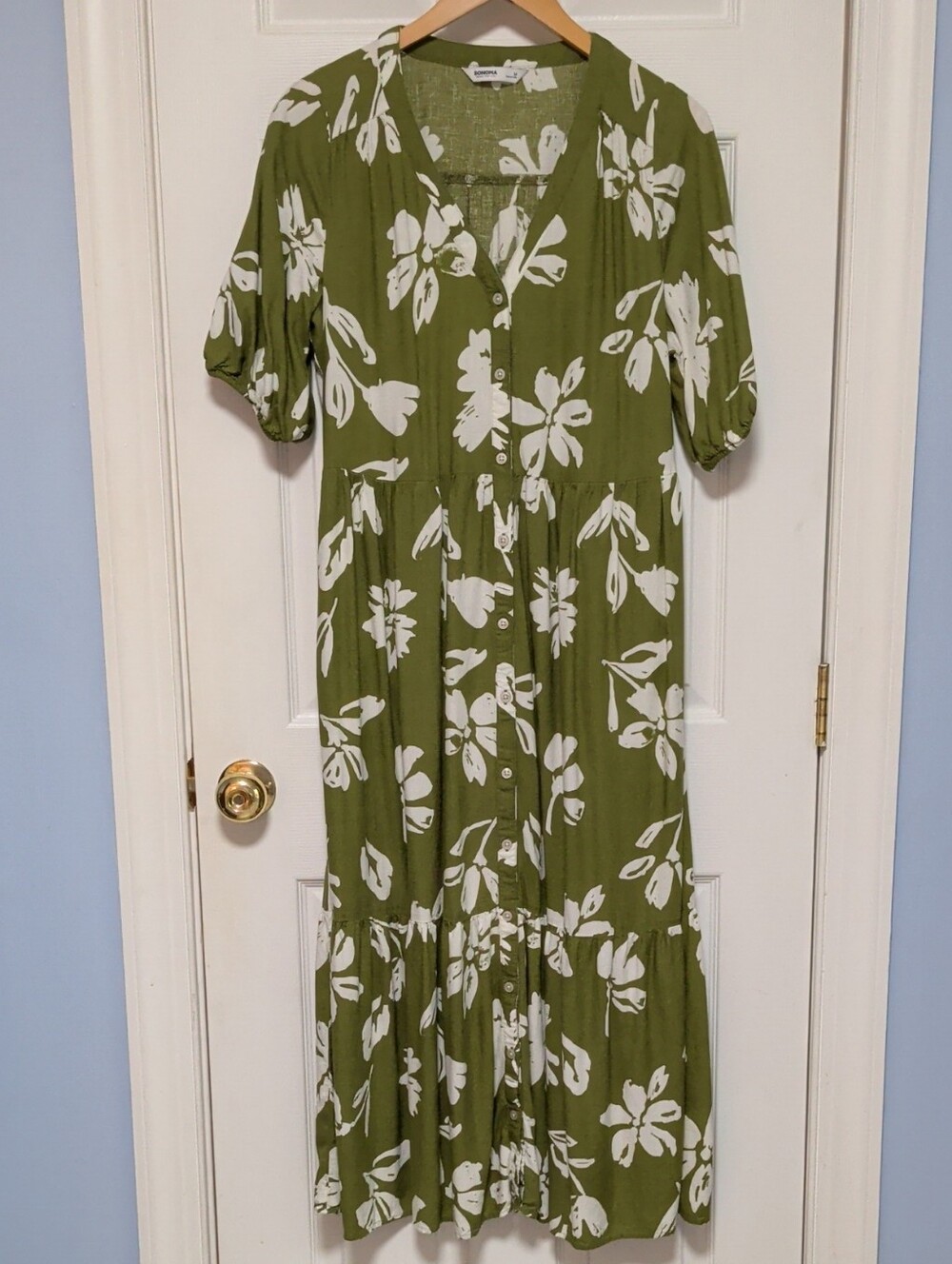 Sonoma Olive Green Floral Button-Front Midi Dress